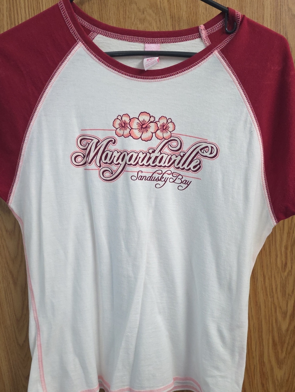 Margaritaville White Tee with Maroon Raglan Sleeves and Floral Logo